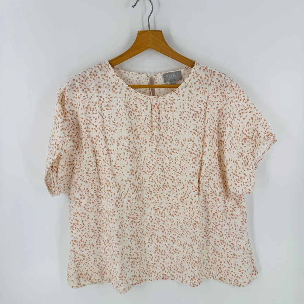 Pure Collection 100% Linen White Tan Speckled‎ Short Sleeve Top Natural Size 18